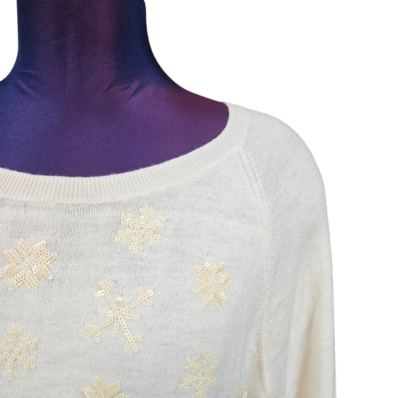 Talbots Cream Sequin Snowflake 3/4 Raglan‎ Sleeve Wool Sweater Size XL Women's - Picture 2 of 9